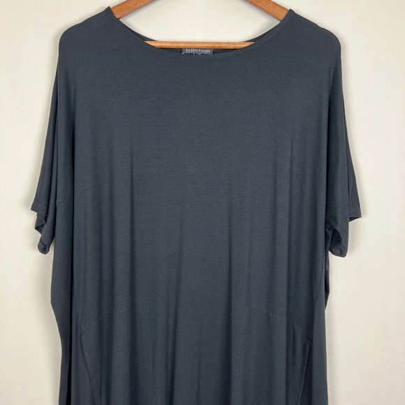Eileen Fisher T-Shirt Dress Large Black Jersey Knit Relaxed Oversized Fit Pocket - Picture 2 of 8